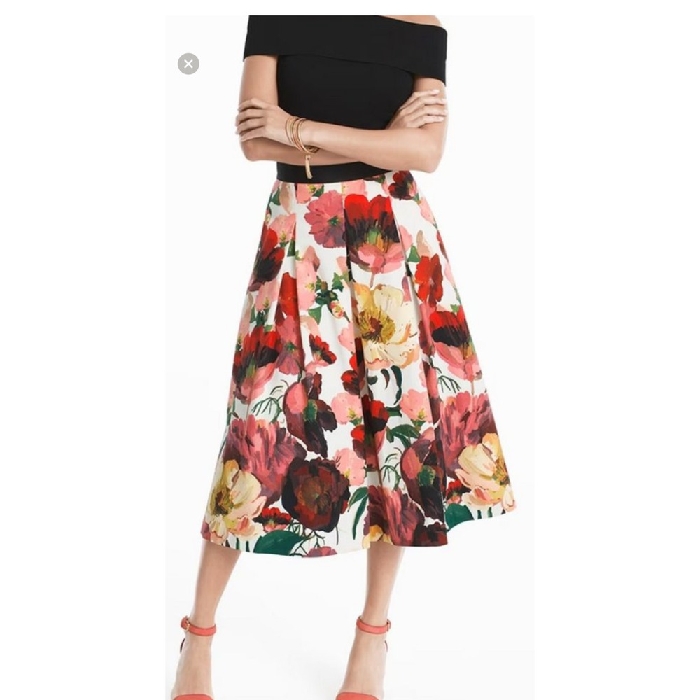 White House Black Market 00 Poppy Floral Midi Skirt Women Pleated Full-A Line - Picture 9 of 10